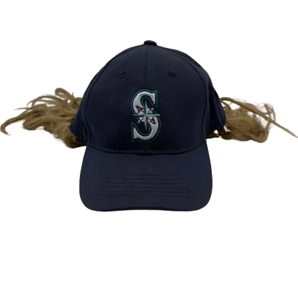 Vintage Seattle Mariners Snapback Hat Cap with Wig Long Hair Don’t Care One Size